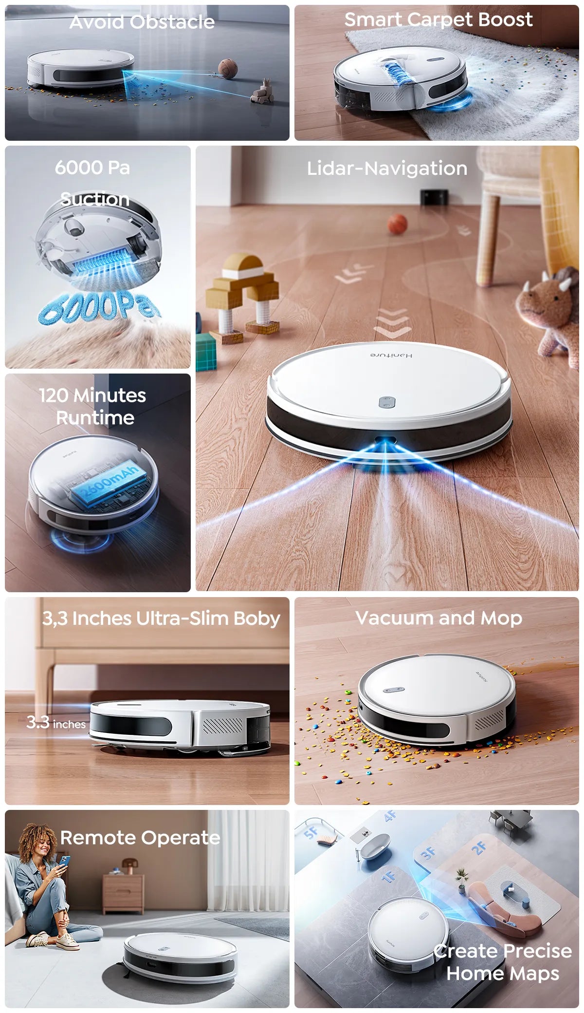 honiture t10 robot vaccum has 120 mins, vacuum and mop, 6000pa powerful suction