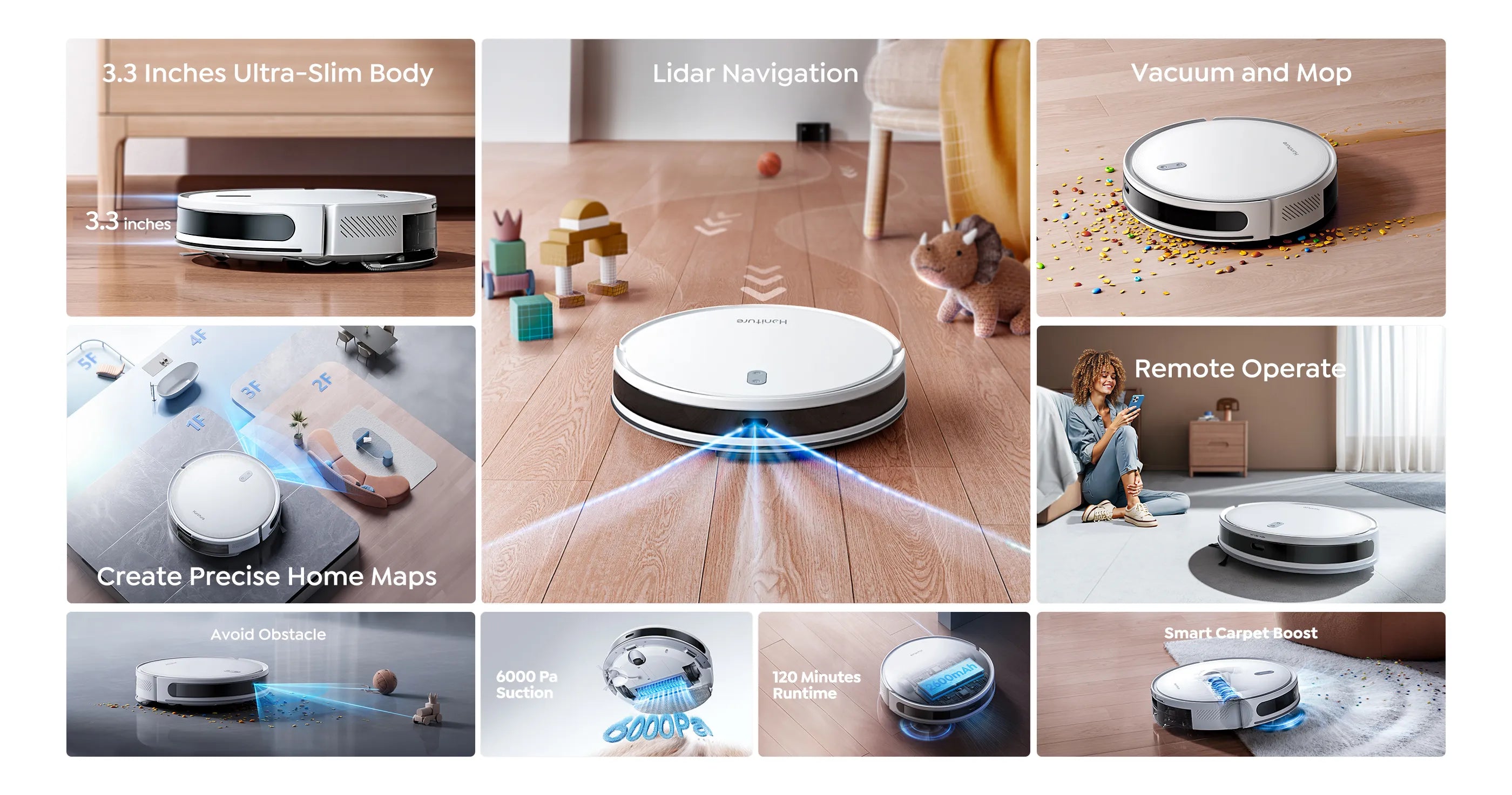 honiture t10 vaccum has 6000pa suction power lidar navigation, vacuum and mop, 120 mins runtime.