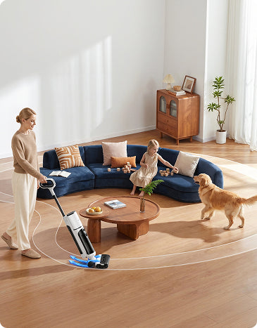 Honiture M7 smart wet dry vacuum cleaner with intelligent mess detection in a living room with a dog