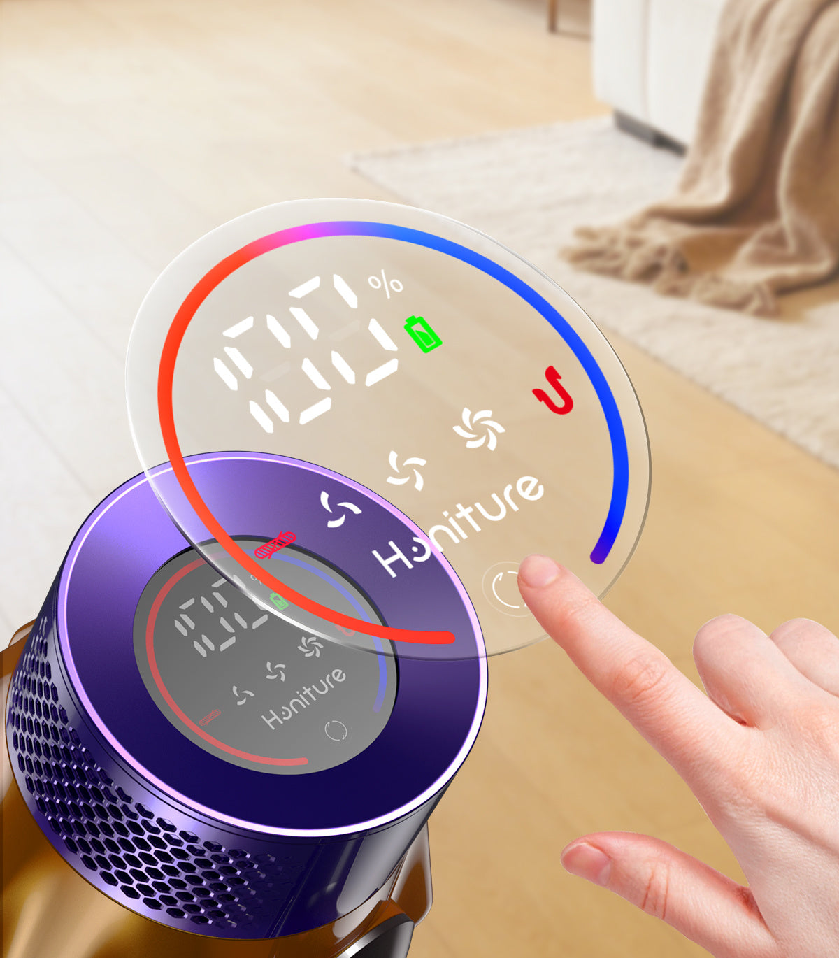 honiture vaccum x7 touchscreen Adjusts and displays different suction levels.