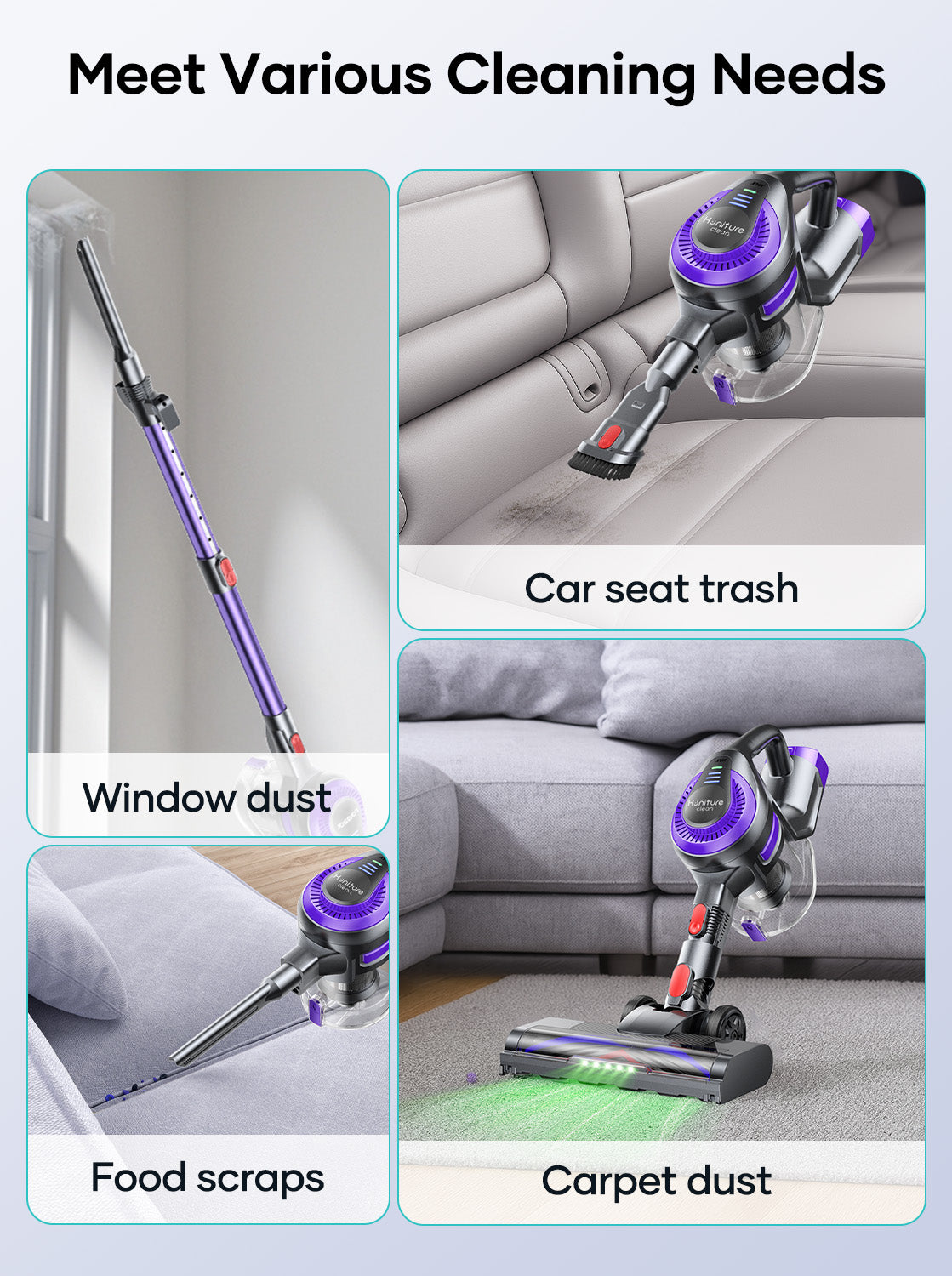 Honiture Y10 Vacuum Cleaner can meet various cleaning like car seat trash, window dust, food scraps, carpet dust